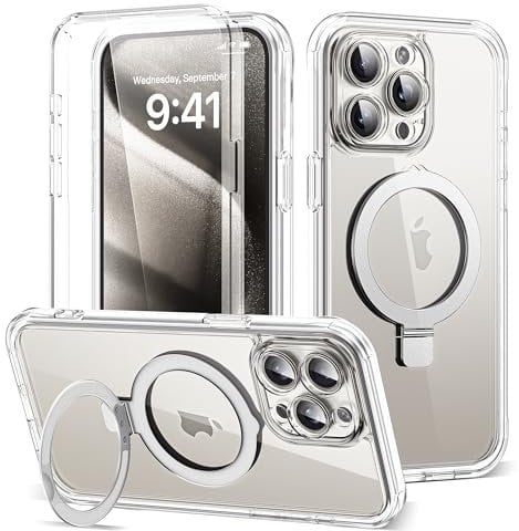 SKYLMW for iPhone 15 Pro Max Case with Invisible Magnetic Stand, Compatible with Mag-Safe Military-Grade Protection with Built-in Screen Protector, Shockproof Phone Case for Women Men, Clear
