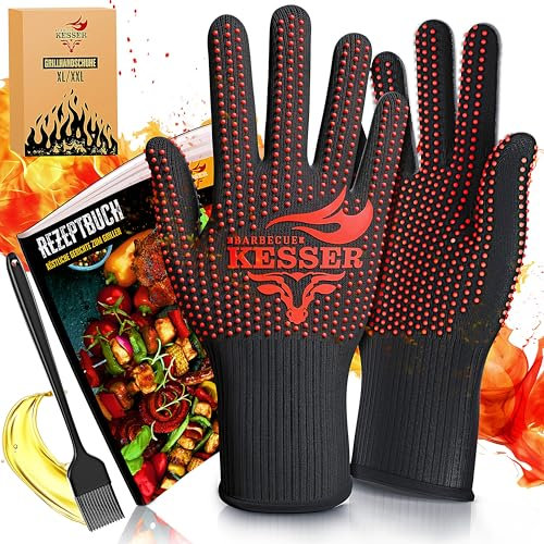 KESSER® Grillhandschuhe XXL, auch für Topf und Kamin, hitzebeständig bis 500°, atmungsaktiv, Rutschfester Griff, Aramid-Gewebe, maschinenwaschbar,inkl. Rezeptbuch & Kochpinsel, Größe XL-XXL, Rot