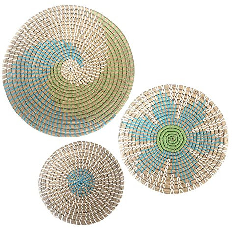 Cesta de mimbre para pared, decoración colgante, cestas planas tejidas de pasto marino, cesta redonda bohemia para pared, decoración plana y redonda, cesta bohemia para estante, sala de estar