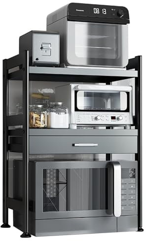 WMLBK Mikrowellen Regal Mikrowellenschrank Organize mit Ausziehbarer Organizer Mikrowellenregal aus Kohlenstoffstahl Mikrowellenständer 56cm Küchenregal für Küche Organizer (Schwarz, 3 Etagen)