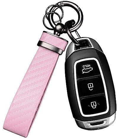 Porte Clef Voiture en Cuir,Porte Clés en Fibre de Carbone avec Anneau en D Anti-perte,Porte-clés Accessoire Voiture (Rose)