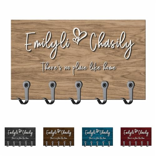 Condlin Porte-clés en bois rustique, 4 crochets, support mural, nom et date personnalisés, cadeau de mariage, cadeau de nouvelle maison