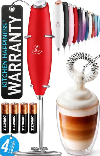 Zulay Kitchen Powerful Milk Frother Wand with 4 AA Duracell Batteries - Ultra Fast Handheld Drink Mixer - Electric Whisk Foam Maker for Coffee, Lattes, Cappuccino, Matcha & Creamer -Red