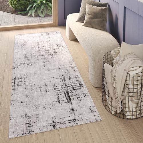 TAPISO Sky Teppichläufer Kurzflor Modern Grau Creme Karo Streifen Design Meliert Wohnzimmer Schlafzimmer 3D Effekt ÖKOTEX 70 x 300 cm