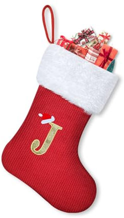Sleeleece 30cm Personalized Christmas Letters Stockings Red Initial Monogram Embroidered Stocking with White Soft Plush Cuff Classic Stocking Tree Decorations Xmas Decor for Christmas, J