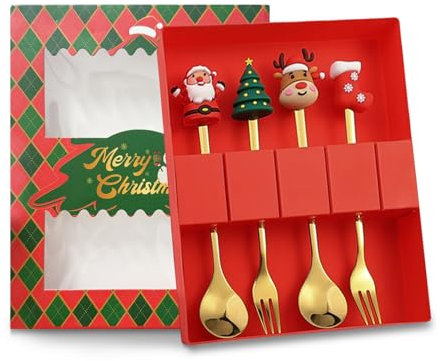 YUDANSI 4PCS Stainless Steel Coffee Spoons, Dishwasher Safe Fork Tea Spoons Set, Ice Cream Christmas Dessert Spoons, Home Kitchen Restaurant Mirror Polished Table Spoon, Xmas Party Bag Fillers Gifts
