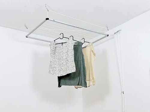 DRY-SMART Flex UP Deckenwäschetrockner - Deckentrockner ausziehbar - Wäscheständer für die Decke – für Badewanne, Balkon, in- und Outdoor – platzsparend - Deckenbefestigung 100-160 cm (Mit Handgriff)