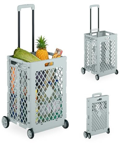 Relaxdays Einkaufstrolley klappbar, Einkaufskorb mit Rollen, bis 25 kg, Teleskopgriff, Gitter, hohe Rollkiste, grau