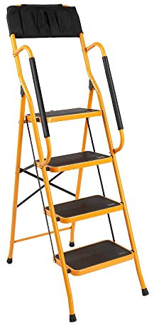 Karlhome 4-Step Folding DIY Step Ladder With Safety Handrail & Toolbag, Heavy Duty Steel Step Stool w/Non-Slip Side Armrests Large Pedal Area, 150kg Capacity, 156cm, Yellow