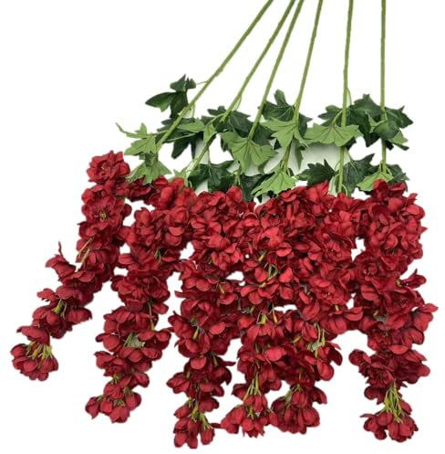 forestmistry Künstliche Rittersporn Blume mit langem Stiel, Consolida Ajacis, groß, Seidenfett, Rittersporn, Rot, 6 Stück