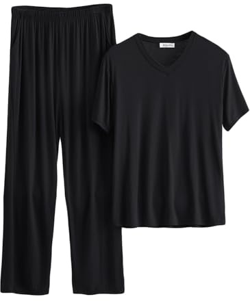 Flodxo Herren-Schlafanzug, kurzes Set, Baumwolle, Nachtwäsche, Pyjama-Set, ultraweiches Modal, Rundhalsausschnitt, kurzärmeliges Hemd und lange Hose, leicht, Loungewear, Nachtwäsche, Schwarz 17, 5XL