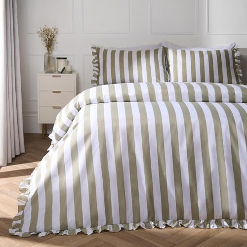 OHS Striped Bedding King Size Duvet Cover Sets, Super Soft Cosy Warm Ruffle Frill Edge Quilt Covers King Size Stylish Reversible Sage Green Bedding with Matching Pillowcases