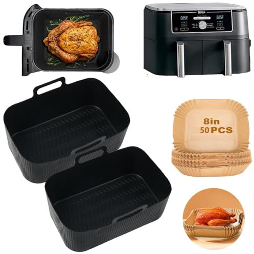 ThamesComforts Air Fryer Liners,Silicone and Paper Liner for Ninja AF300UK, AF400UK, Tower T17088,Non-Stick Air Fryer Accessories for 7.6-9.5L Baskets(2Pack+ 50Pcs)