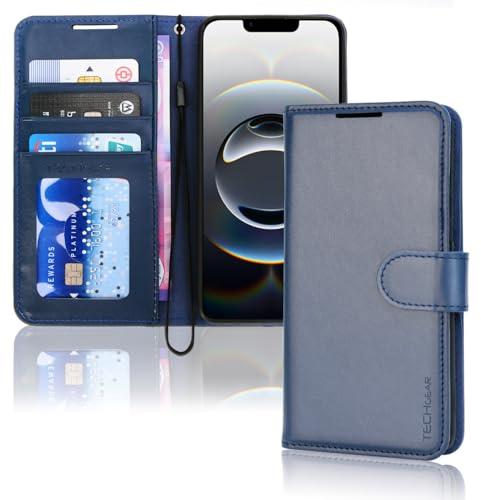 TECHGEAR iPhone 16e / 17e Leather Wallet Case with RFID Blocking, Flip Cover Card Holder, Stand & Wrist Strap - Magnetic Closure Blue PU Leather Protective Cover for iPhone 17e / 16e