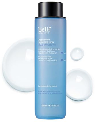 belif Aqua Bomb Hydrating Toner – Niacinamid & Hyaluronsäure, leichte Feuchtigkeitspflege, repariert Hautbarriere, für strahlende Haut, Koreanische Kosmetik (200ml)