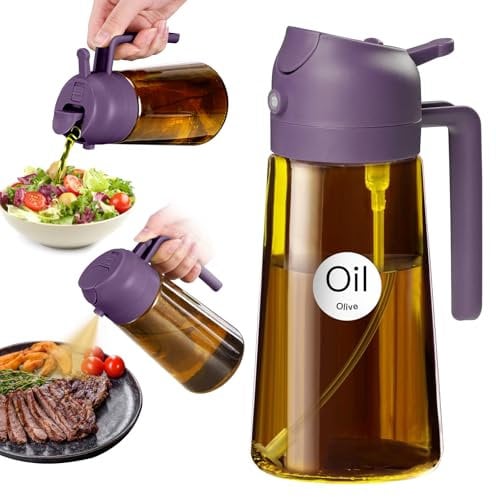 YARRAMATE - Pulverizador de aceite 470 ml para cocinar, pulverizador 2 en 1 con protección ultravioleta, botella de cristal ámbar apta para alimentos para barbacoa (lila)