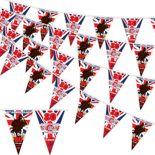 AhfuLife Wimpelkette zum 80. Jahrestag 2025, VJ Day, 6 m, 16 Stück, Dekorationen zum 80. Hochzeitstag, Erinnerungsstücke, Banner, Sieg in Japan, Flaggen für Garten, Straße, Party-Dekorationen
