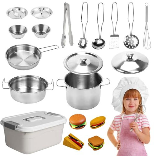 Forbabe 20 Stück Matschküche Zubehör, Edelstahl Küche Outdoor Zubehör Küchenspielzeug Spielküche mit Aufbewahrungsbox, Küchenzubehör für Töpfe Küchenutensilien