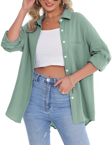 Aottori Musselin Bluse Damen Oversize Hemdbluse Oberteile Langarm Hemd Longbluse Langarmshirt Elegant V-Ausschnitt Baumwolle Lockere Blusenshirt Blusen Tunika mit Tasche #Grün L