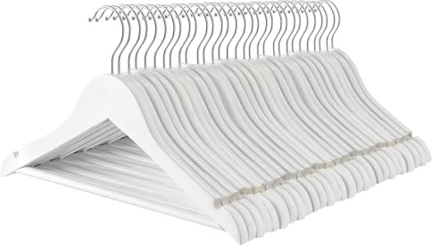 Harbour Housewares Strong White Wooden Children's Coat Hangers with 360 Degree Rotatory Hook | Pack of 30 | Wood Clothes Hangers with Round Trouser Bar and Non Slip Shoulder Notches Wardrobe Storage