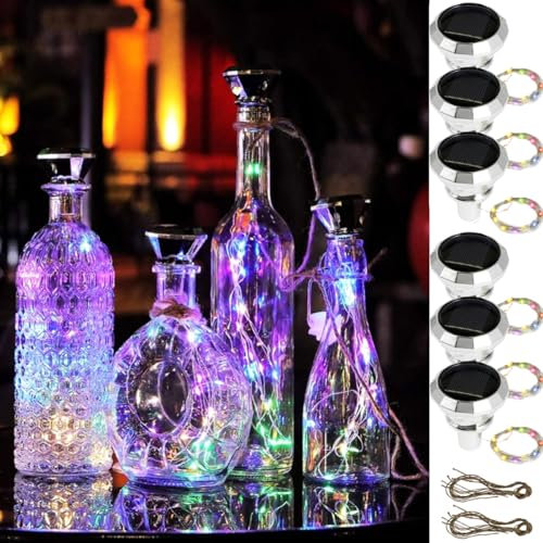 6Pcs Solar Wine Bottle Lights 20 LED Solar Bottle Fairy Light with Cork, 2M Copper Wire Outdoor Waterproof Cork Light for Bottles Auto On/Off Decorative Lamp for Christmas Party Festival (Colorful)