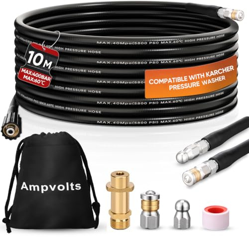 Ampvolts 10 m Rohrreinigungsschlauch Set mit Messingadapter | 400 bar/5800 PSI, Messingadapter, kompatibel mit Karcher K2 K3 K4 K5 K6 K7, für Rohre, Abflüsse und verstopfte Leitungen