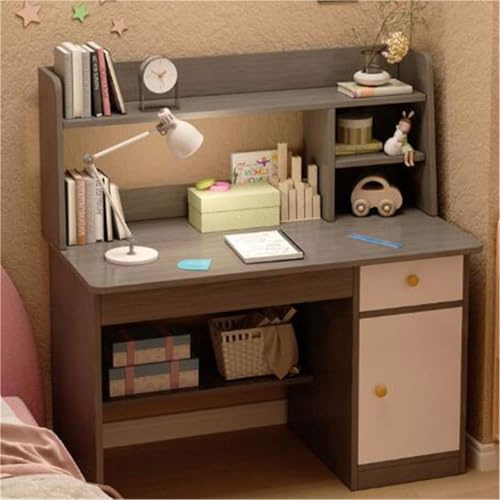 Modern Office Desk with Hutch and Drawers, Small Computer Desk with Shelves, Wooden Study Table with Pull-out Drawer and Bookshelf, White Work Desk for Home Office Or Bedroom(Gray,With Cabinets)