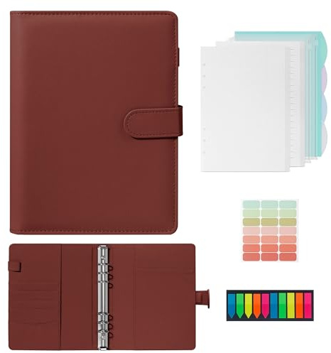 JOYIT Ringbuch A5 Nachfüllbar, Leder Notizbuch A5 Ringbuch mit Bindertaschen und 135 Blatt A5-Nachfüllpapier, A5 Binder für Schulnotizen, Arbeitsnotizen und Reisetagebücher (Braun)