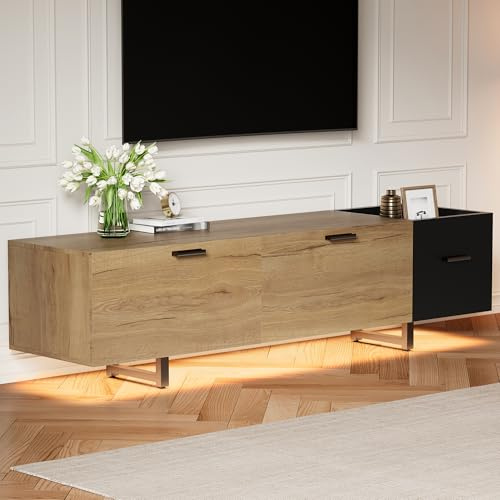 STAPERFO Mobile TV per 65 pollici in legno naturale e nero con LED | Tavola bassa sospesa con spazio di archiviazione, moderna TV, 180 cm