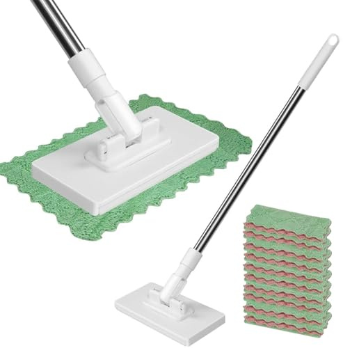 Lazy Mop Clip On, Disposables Dust Mop with 10 Reusable Cloths, 60° Rotating,Compatible with Reusable Towels & Disposable Wipes for Floor Wall Bathroom Kitchen (white)