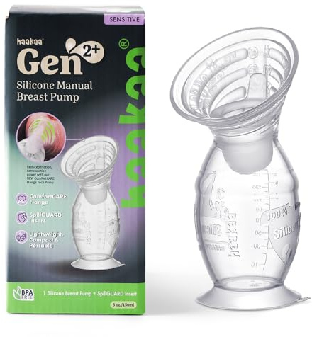 Gen.2 Plus Silicone Manual Breast Pump, Multi-Ring ComfortCARE Sensitive Silicone Breast Pump with SpillGUARD Insert Stopper Set, for Breastfeeding Moms, 4oz/ 100ml