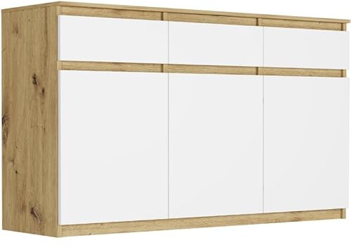 Framire Highboard Artisan Eiche/Weiß 120x40x98 cm – 3-türige Kommode mit Schubladen, Sideboard für Wohnzimmer, Esszimmer & Schlafzimmer, modernes Schrankmöbel, Modern S-3