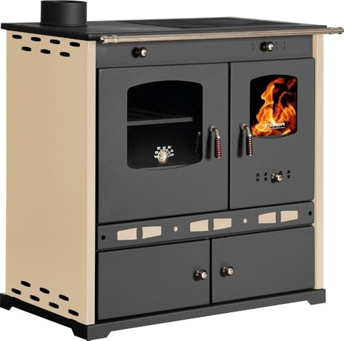 PROMETEY Perfect Eco Lux Holzofen 7,5 kW mit Backofen und Gusseisen-Kochfeld Links Rauchabzug Energieklasse A Plus, Multifunktionsheizung Kochen Backherd