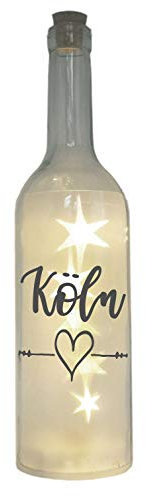 WB wohn trends LED-Flasche mit Motiv, Köln Herz, grau, 29cm, Flaschen-Licht Glitzer-Flasche Leuchtflasche Lampe mit Text Spruch Stadt