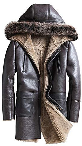 Denny&Dora Herren Braun Schaffell Lammfell Jacke Lange Pelzjacke Mit Kapuze Lederjacke (Braun, L)