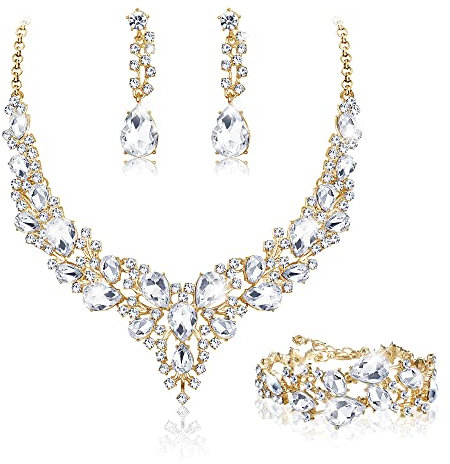 JeweBella Hochzeit Schmuck Sets für Damen Kristall Braut Halskette Vintage Strass Ohrringe und Armband Set Hochzeit Verlobung Braut Brautjungfer Dirndl Geschenk Schmuck