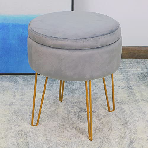 Velvet Round Stool Ottoman Storage Seat Vanity Dressing Table Stool Chair Coffee Table Tray Metal Legs (Grey)