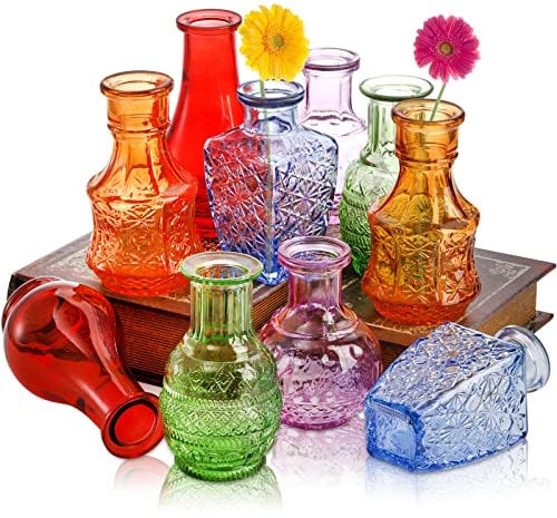 DEAYOU 10-Pack Glass Bud Vases, Small Clear Flower Vase for Centerpiece, Mini Vintage Bottle, Colorful Living Single Bud, Petite Table Floral for Plants, Home Wedding Decor, Gift