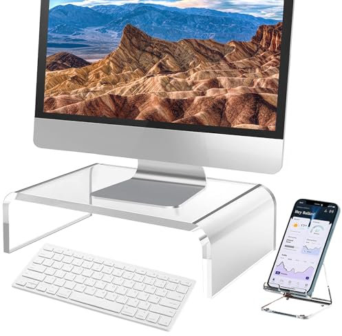 VAOLLO Clear Monitor Stand Riser, Computer Monitor Stand/Acrylic Monitor Riser for Home Office Laptop, PC Desk Stand for Keyboard Storage & Multi-Media Laptop Printer TV Screen (14/7.1/3.6)