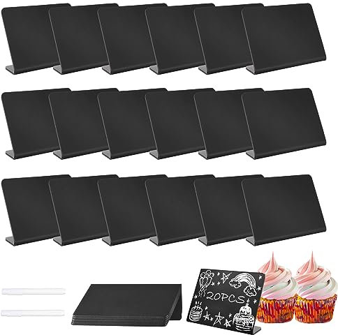 HMIEPRS 20 Stück Kreidetafel klein mit 2 Kreidemarkern, Schwarz Acryl Kleines Kreidetafeln zum Beschriften, Abwischbare Mini Tafeln für Hochzeit Party Buffet Schilder Tischnummer Lebensmitteletiketten