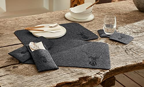 6tlg. Tischset Platzhirsch aus Filz, grau, für 2 Personen mit Hirsch Motiv, Platzmatte, Besteckhülle & Untersetzer, Filzunterlage, Platzdeckchen, Tisch-Untersetzer, Gedeckset, Filz-Untersetzer