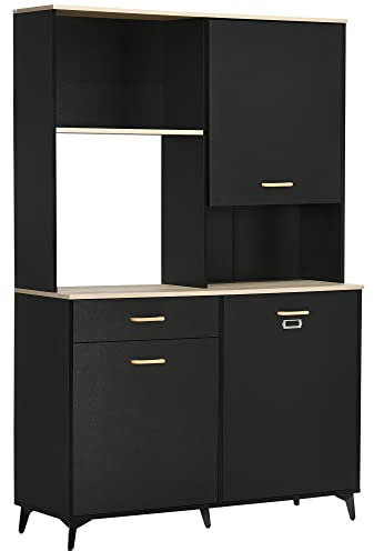 HOMCOM Alacena de Cocina Aparador de Comedor con 1 Cajón 3 Puertas y Almacenamiento Abierto Mueble Auxiliar para Microondas de Estilo Moderno 119x41x180 cm Negro
