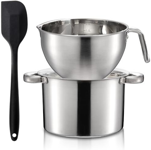 ZENFUN Double Boiler Pot Set with Silicone Spatula, 2000ml/1.8QT Chocolate Melting Pot with 2800ml/2.5QT Stainless Steel Pot, Candy Melting Pot, Chocolate Melter for Butter, Caramel, Cheese, Wax