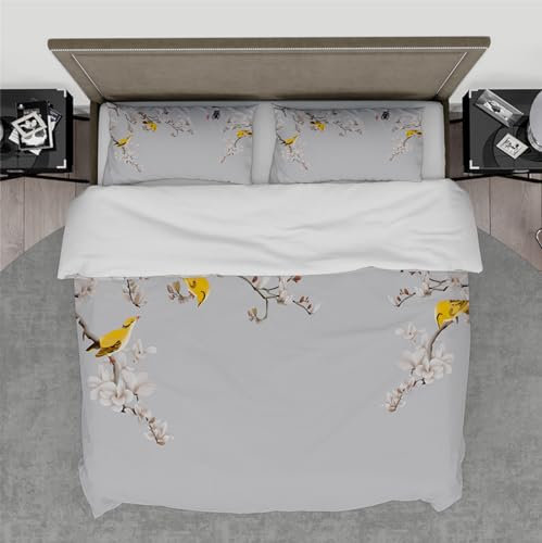 DINGSION Blaues Bettwäsche-Set 3-teiliges Mulan-Blumenzweigkopf-Kolibri goldene und weiße Käfige Schlafzimmer-Bettwäsche-Set mit 2 Kissenbezügen 200 x 200 cm