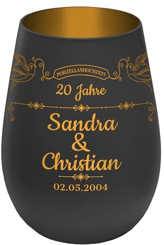 Windlicht mit Gravur ''20 Jahre Porzellanhochzeit'' - Schwarz/Gold - Glas Teelichthalter personalisierbar mit Wunschtext - Geschenk zu Hochzeit Jahrestag Jubiläum