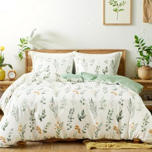 Lanqinglv Bettwäsche 155x220 cm Grün Weiß Pflanzenmuster Blätter Blumen Wende Bettwäsche Set Bettbezug mit Reißverschluss und 1 Kissenbezug 80x80,ÖkoTex Bettwäsche Set