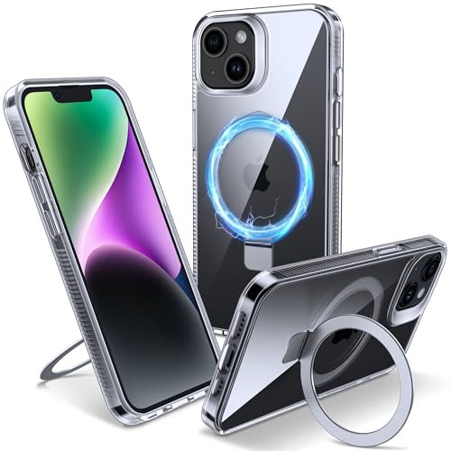 Flyzoo Magnetisch Ständer Hülle für iPhone 14 Plus - [Unsichtbarer Ständer] [Kompatibel mit MagSafe] [Vergilbungsfrei & rutschfest] Stoßfest Durchsichtig Handyhülle, 6.7'', Clear