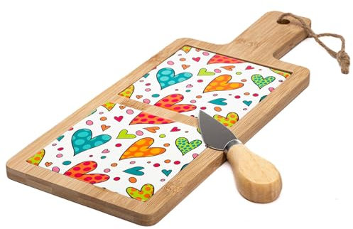 Ingrosso e Risparmio Bomboniera Matrimonio 1 pz Sottopentola Tagliere in Legno Bamboo e Doppia Mattonella in Ceramica Quadrata Fantasia Cuori Colorati Idea Regalo Anniversario Accessori Cucina Stile