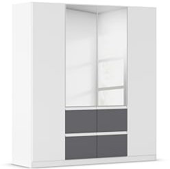 Rauch Möbel Bristol, Drehtürenschrank, Kleiderschrank, Schrank, Garderobe, 4-türig, 2 Spiegeltüren, 4 Schubladen in Grau metallic, Schwarz, Farbe Weiß, Griffprofil Weiß, Push-to-Open, 181x197x54cm