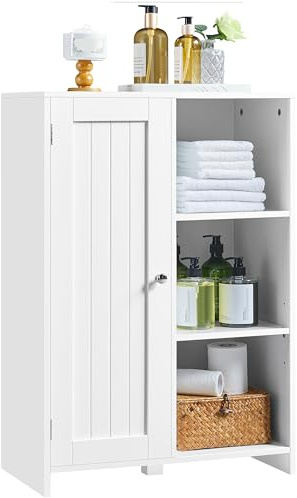 Yaheetech Badezimmerschrank, Freistehender Badschrank mit 1 Tür und 3 Offenen Ablagen, Kommode mit 1 Verstellbaren Einlegeboden, Aufbewahrungsschrank für Badezimmer Wohnzimmer Flur Küche (Weiß)